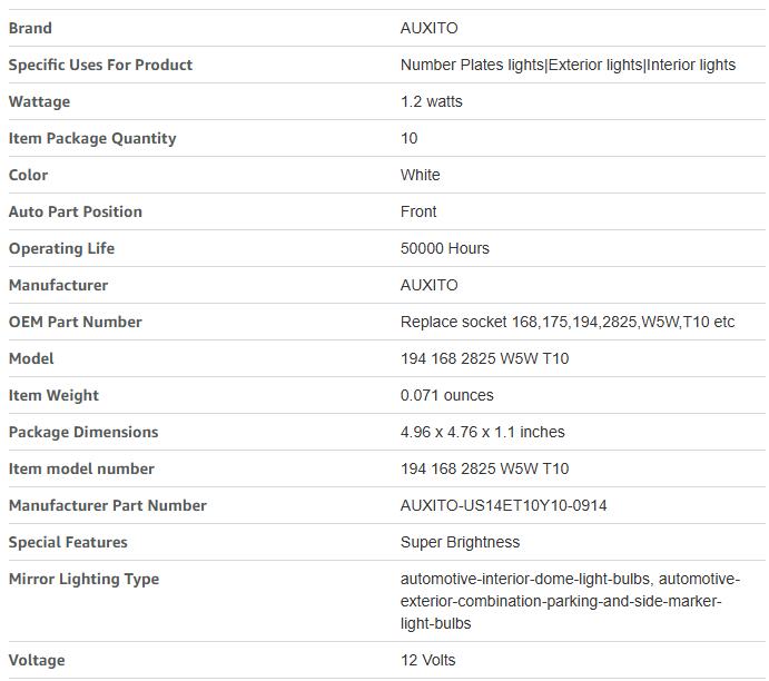 AUXITO 194 LED Bulb 6000K White 168 2825 W5W T10 Wedge 14-SMD Interior Car Bulbs Replacement for Dome Map Door Courtesy Trunk Parking License Plate Lights, 10 PCS