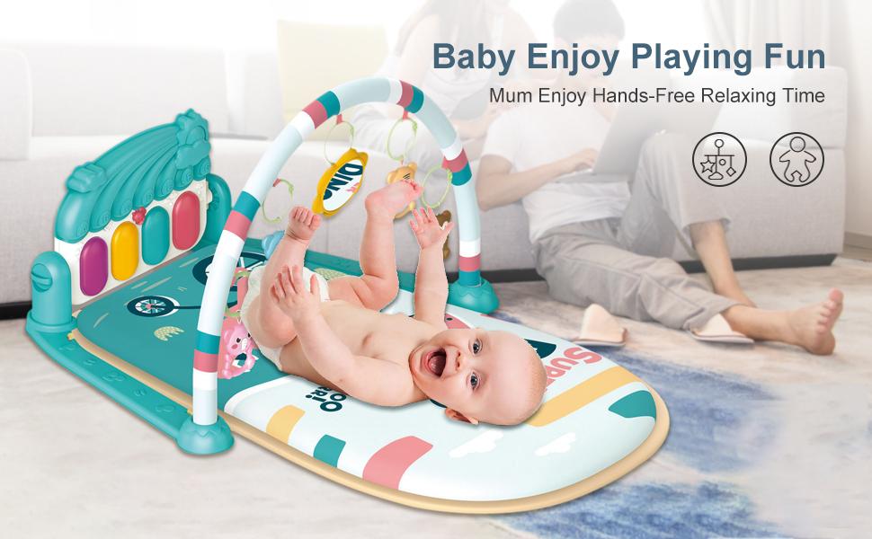 dearlomum Baby Play Mat Baby Gym Piano Tummy Time Activity Mat with 5 Sensory Toys Music Lights for Newborn Boys Girls Blue - Nursery