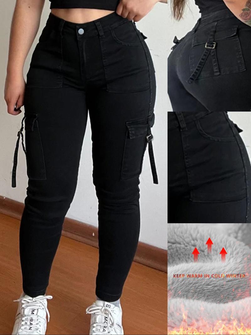 Women's Plain Multi-pocket Denim Cargo Pants, Casual Street Trousers for Everyday Wear, Ladies' Bottoms for All Seasons