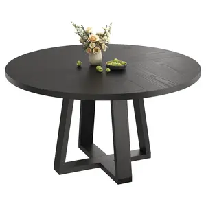 Garvee Round Dining Table 47" for 4-6 People, Sturdy Cross Base, Farmhouse Style Wood Table, Ideal for Apartment Kitchen or Living Room, Black Finish, Table Only