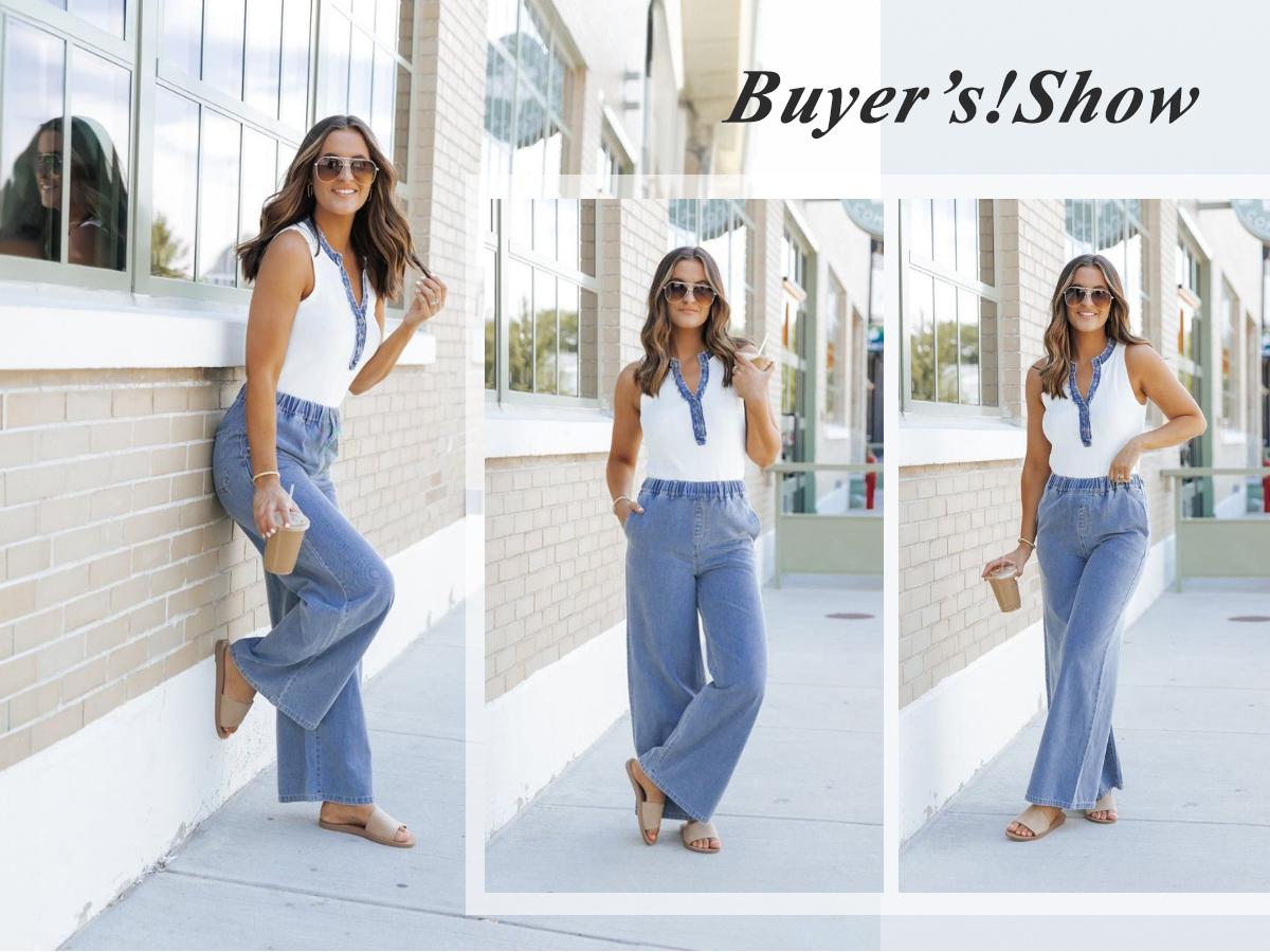 FireSwan Women's Wide Leg Jeans Mid Rise Elastic Waist Stretchy Baggy Loose Casual Denim Pants with Pockets