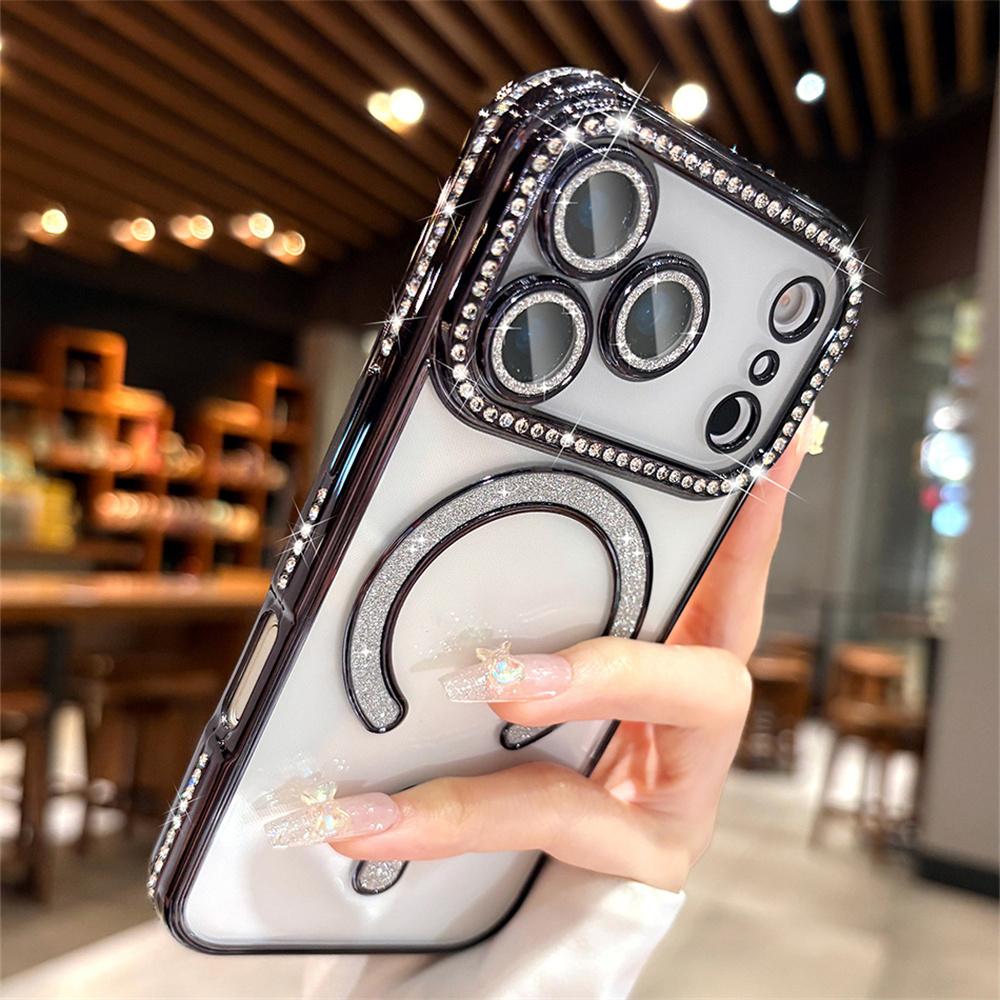 OREKROY【Free.ship】Magnetic Clear Glitter Case for iPhone 17 Pro Max 17Air 17Pro 17, Compatible with MagSafe – Sparkly Bling Diamond Rhinestone Design with Camera Lens Protector, Fits iPhone 13 14 15 16 Pro Max