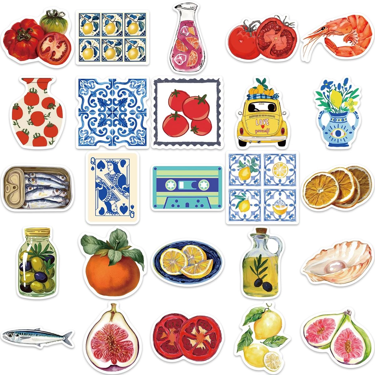 Mediterranean Food Sticker, 50pcs Cartoon Mediterranean Tomato Food Vinyl Decals for Decor Laptops, Aesthetic Cute Lemon Labels Sticker for DIY Scrapbook