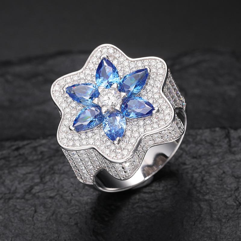 【#R306 】925 Sterling Silver Lucky Clover Cross Ring With Pink Blue Water Drop Stone Iced Out Couple Rings for Women Men Hip Hop Gifts