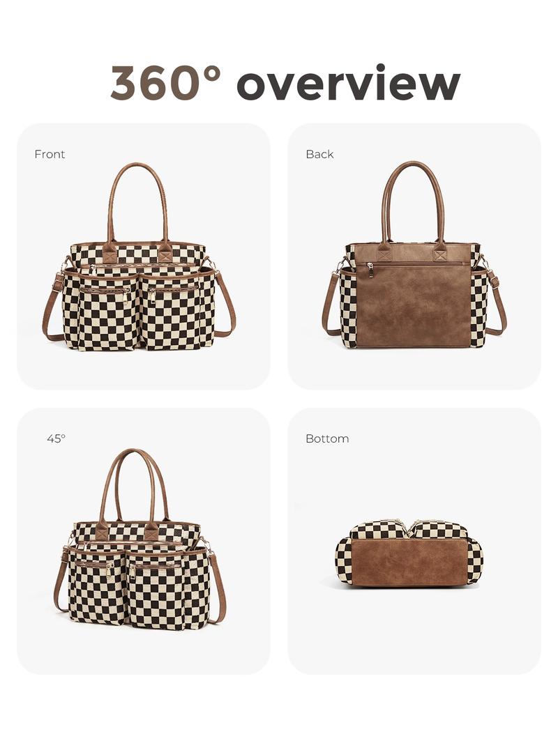 Women's Checkerboard Pattern Zipper Crossbody Tote Bag, Large Capacity Multi-Pocket Design Portable Shoulder Bag For Daily Used, Girl Fashionable Shopping Bag