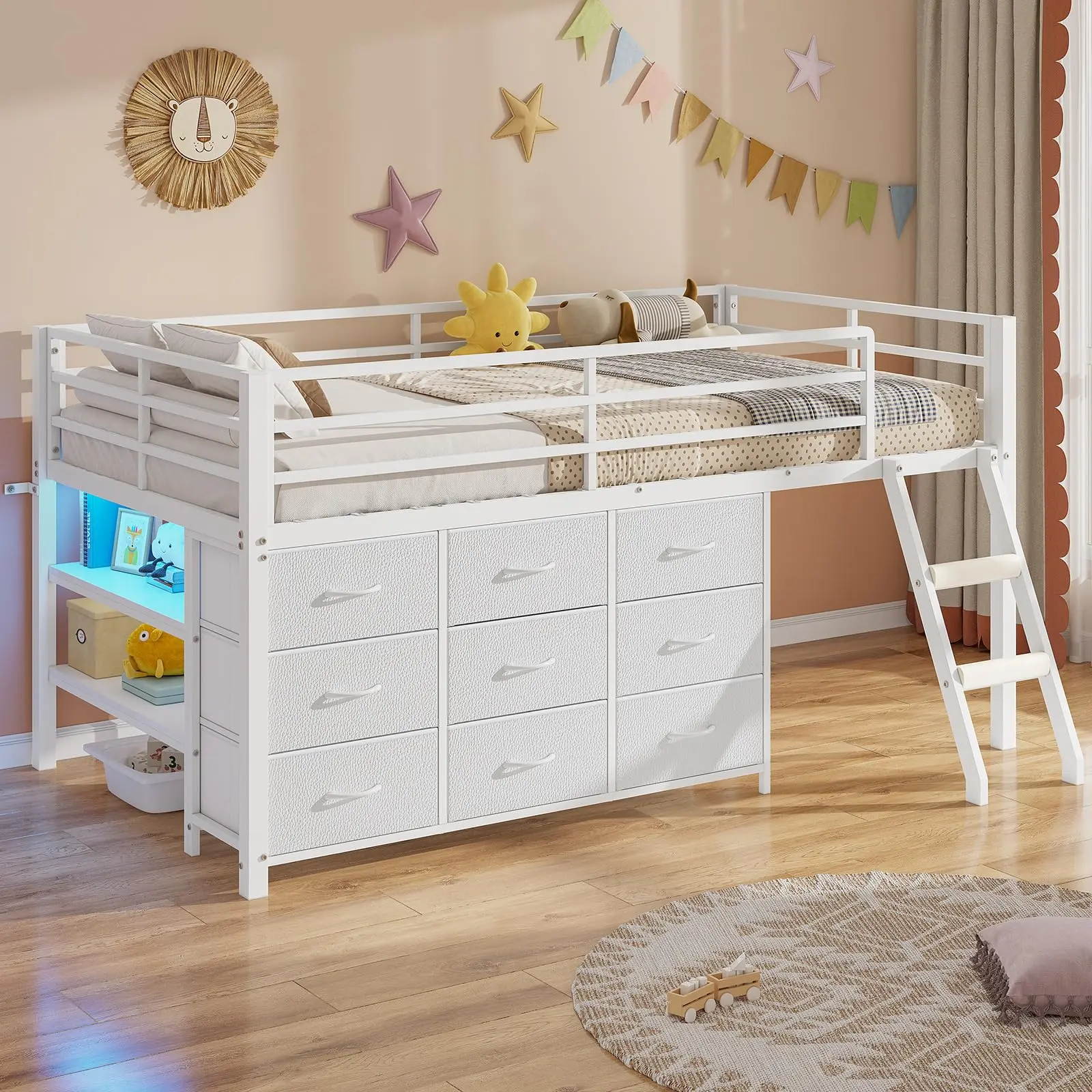 SIKAIC Twin Size Low Loft Metal Bed Frame - Bedroom Frame, Indoor Furniture, 9 Storage Drawers, 2 Shelves, LED Lights, Safety Guardrail, Ladder, Metal Bedframe