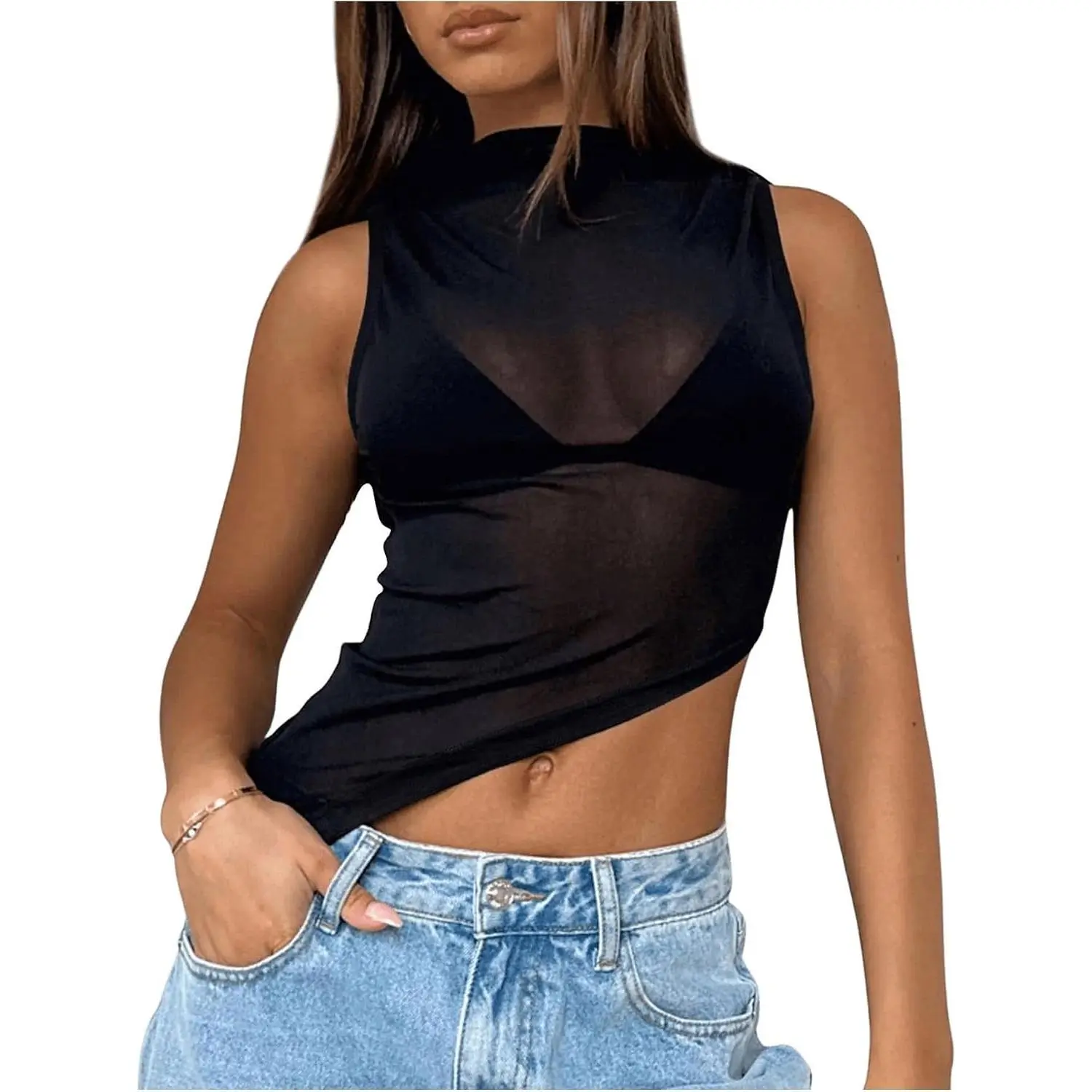 Women's Sheer Mesh Mock Neck Crop Tank Top Summer Sleeveless Asymmetrical Hem Clubwear See Through Concert OutfitGift