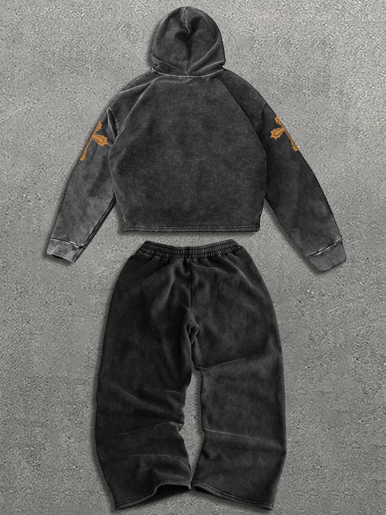 Vintage Acid Wash Stained Glass Graphic Print Hoodie and Oversized Sweatpants 2-Piece Set | Y2K Grunge Streetwear Co-ord for Men & Women | High-Quality Heavyweight Religious Art Tracksuit for Daily Street Style