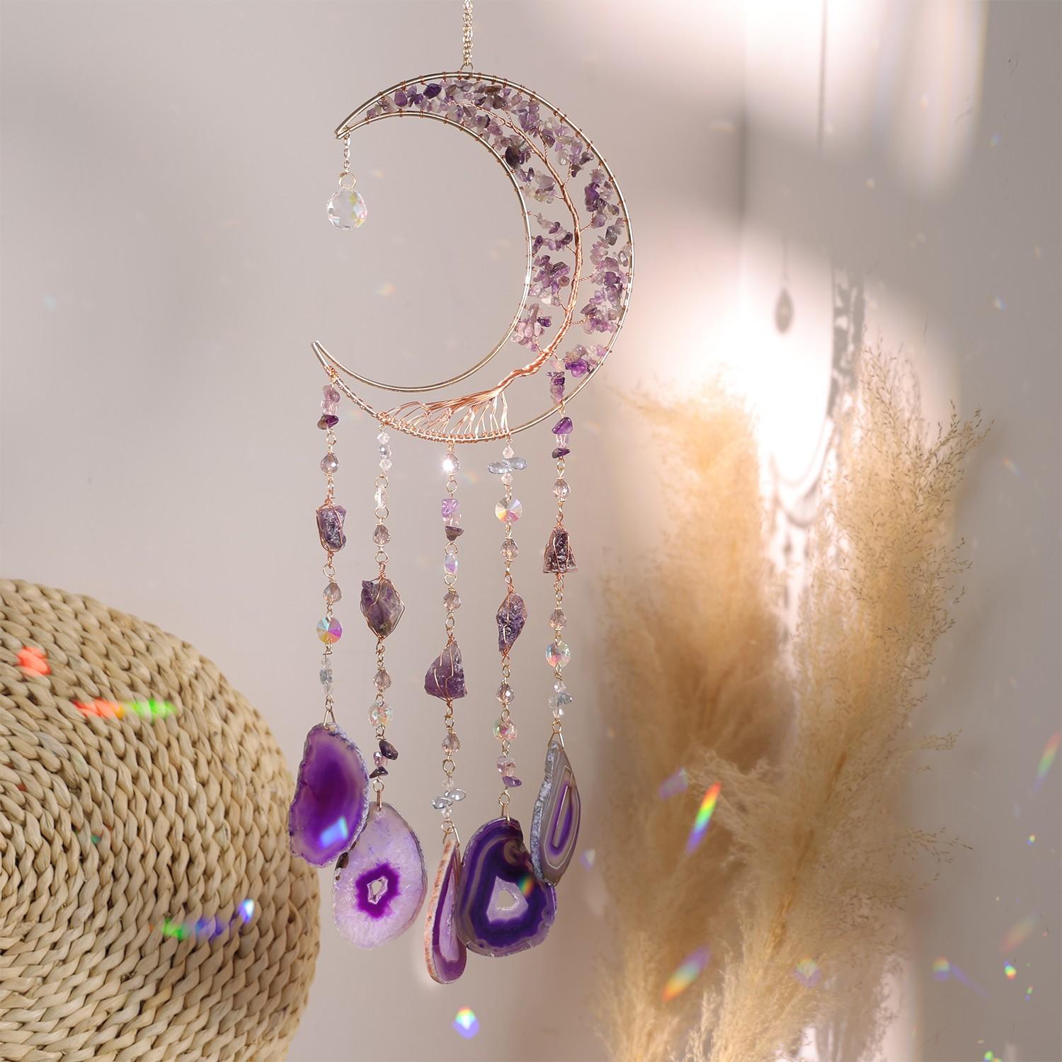 Gemstone Moon Suncatcher - Copper Wire Wrapped Tree of Life & Natural Agate Slice Wind Chimes, Crystal Rainbow Maker for Home Window, Garden & Wedding Decor, Perfect Birthday Gift