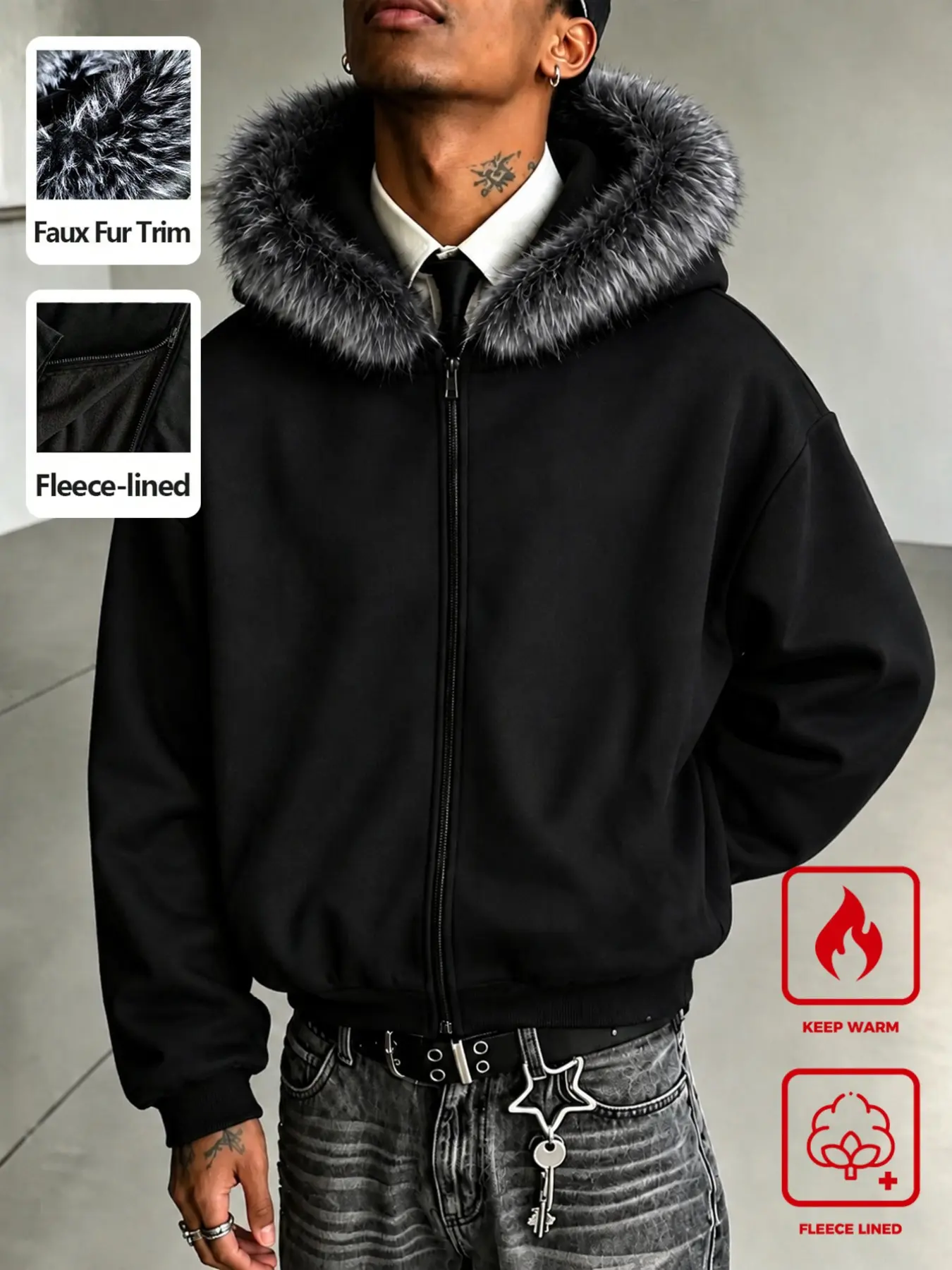 Unisex Warm Lined Hooded Jacket, Large Fur Trim Short Plush Jacket, Winter Thick Fox Fur Hood Windproof Coat, Loose Fit Street Style