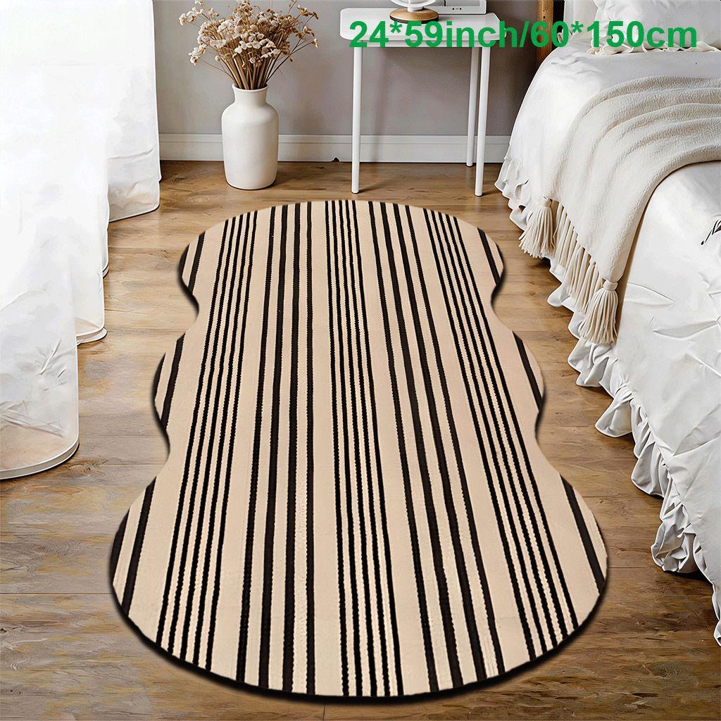 2D Flat velvet irregular shape carpet with beige and black vertical stripes pattern, machine washable and non-slip design, suitable for bedrooms/rooms, all seasons of spring, summer, autumn and winter, as well as Valentine's Day, Christmas and Thanksgivin