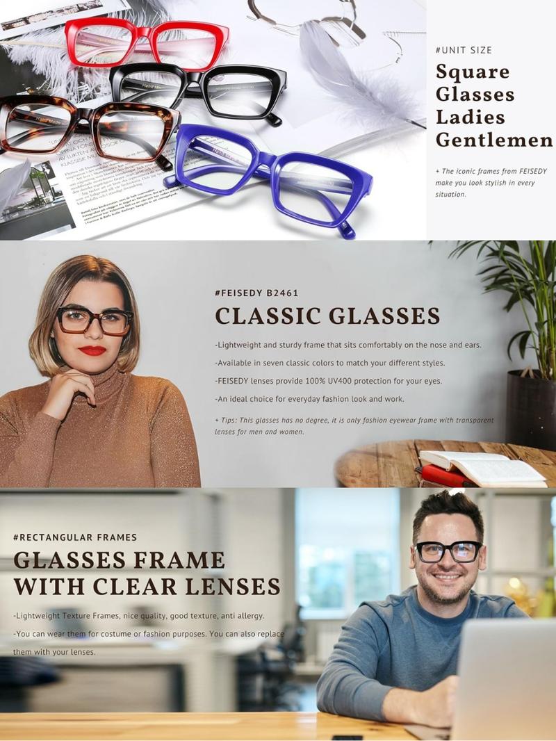 FEISEDY Glasses Frame Womens, Square Thick Eyeglasses Frame, Classic Eyewear for Men B2461