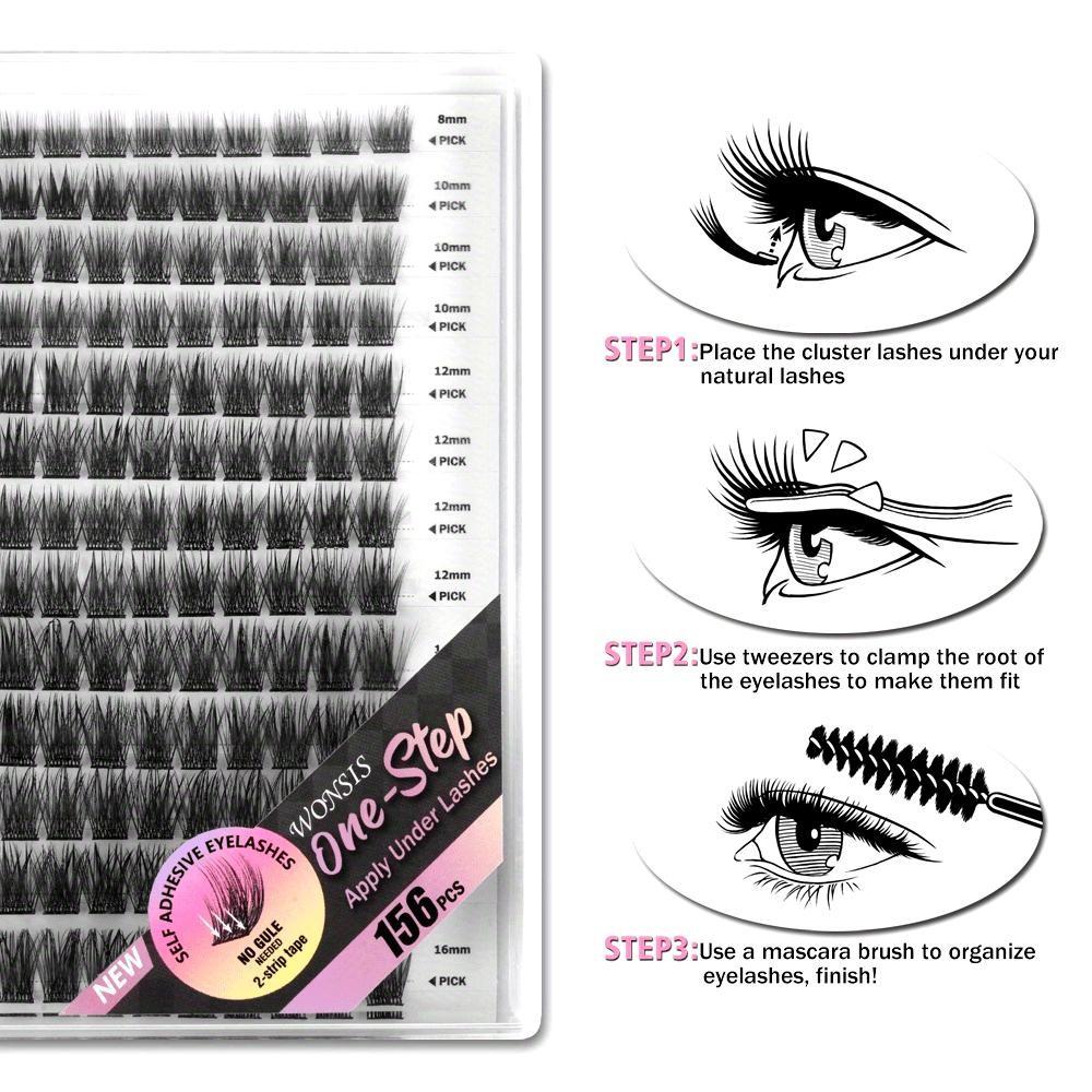 156/157pcs Self-Adhesive False Eyelashes Set, Glueless Lashes, Natural Thick Clusters, Glue-Free, Various Sizes, C/d Curl, Cat Eye Style, Quick Makeup Application