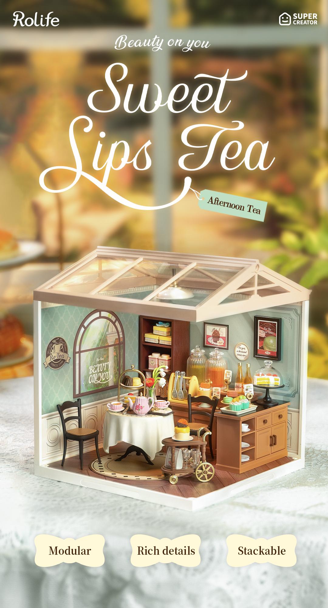 Rolife Sweet Sips Tea DIY Plastic Miniature House DW011 Miniature House Kit DIY Plastic House Building Toy Set with LED Tiny Store Making Kit Model Craft Hobby Unique Gift