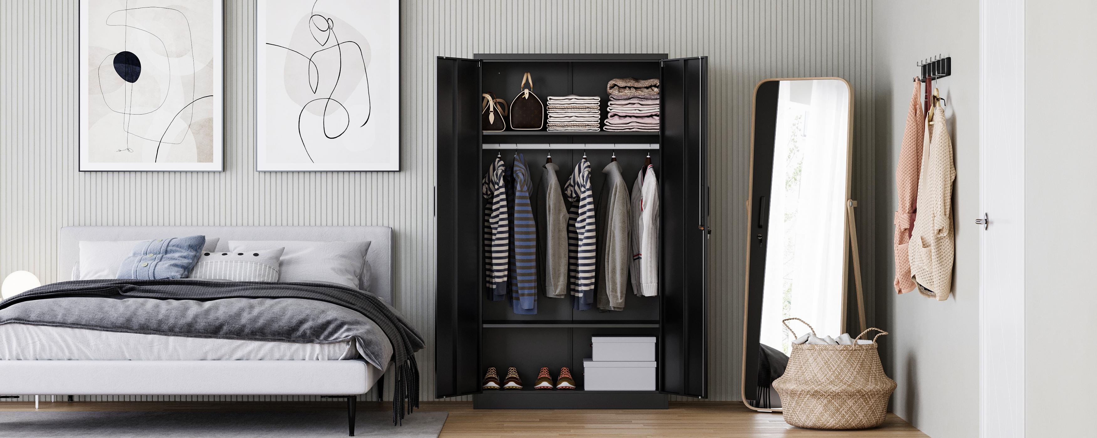 Letaya Metal Wardrobe BLack Cabinets with Lock, Clothing Locker 72" X 36" X 18" for Home, Fire Department, School, Employee, Gym, Government