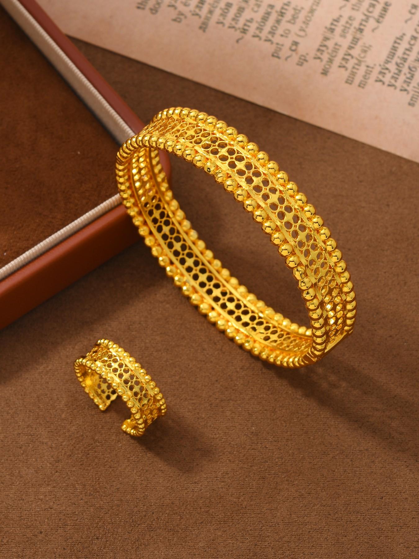 2pcs Middle Eastern Copper Plated 24k Hollow Wide Bracelet Ring Set, Vintage Luxury Party Accessories for Women