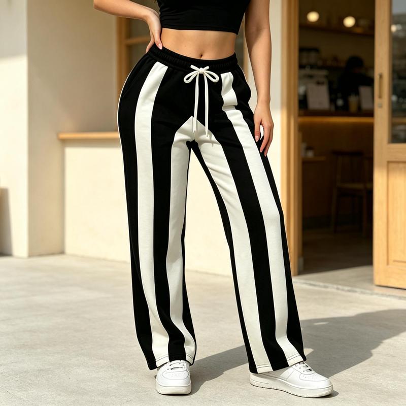 Female Soft Stretchable Sports Jogger Pants - High-Waist Elastic Waist Drawstring, Full-Length Flowy Wide-Leg, Monochrome Stripe Workout Joggers for Casual Lounge, Streetwear Activewear Bottoms