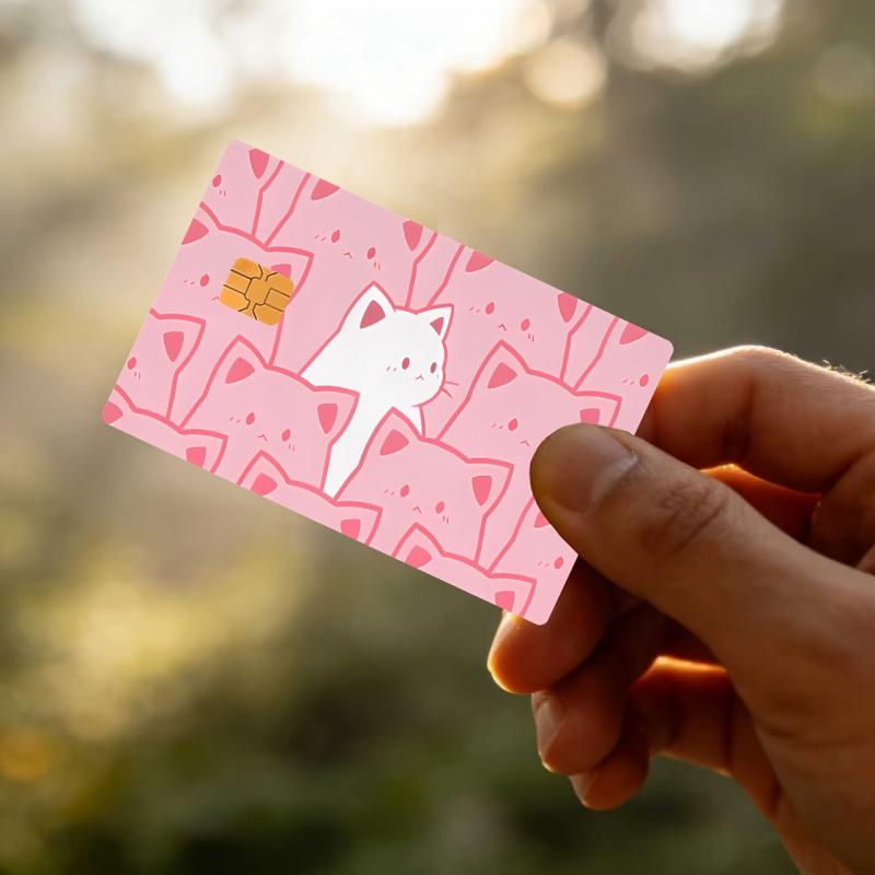 Kawaii Anime Pink Cats Pattern PVC Card Skin Sticker, Easy Design, Bubble-Free, Non-Braided, Suitable for EBT, Credit, Debit Cards, Keys, Room Cards, Protects Small Chip Cards, Ideal for Everyday Use