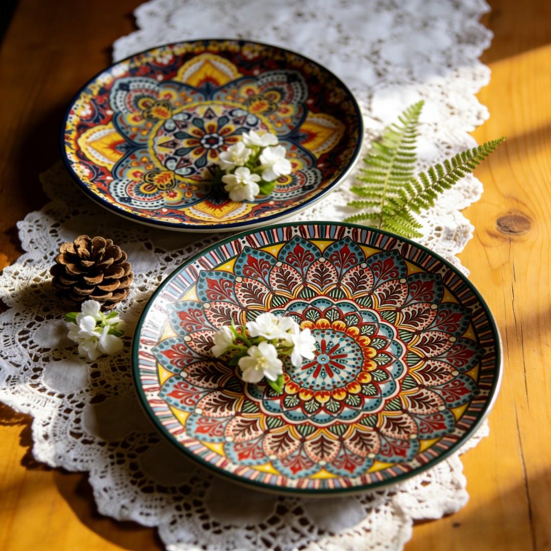 2-Piece 8.07-Inch Ceramic Plate Set, Boho Style Kitchen Diningware, Creative Home Tableware, Fruit Bowl, Steak Plate, Shallow Round Plates