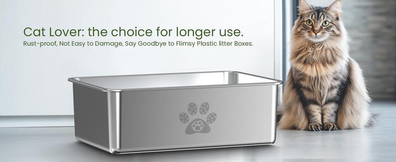 PTLOM Stainless Steel Cat Litter Box High Side, No Lid Large Space, Splash-proof Non-stick Cat Pet Supplies