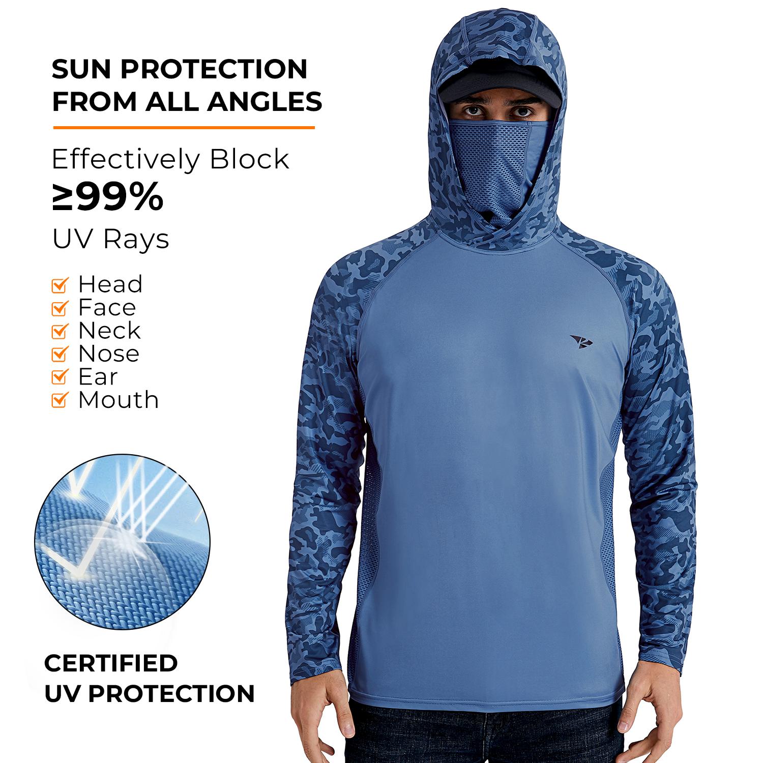 【RODEEL】915 Sun Hoodie Shirts with Mask Neck Gaiter Men UPF 50+ UV Protection Long Sleeve Lightweight Quick Dry Moisture Wicking Breathable Cooling Athletic Activewear for Outdoor Fishing Boating Hiking Cycling Construction Roofing Gardening Tree Service