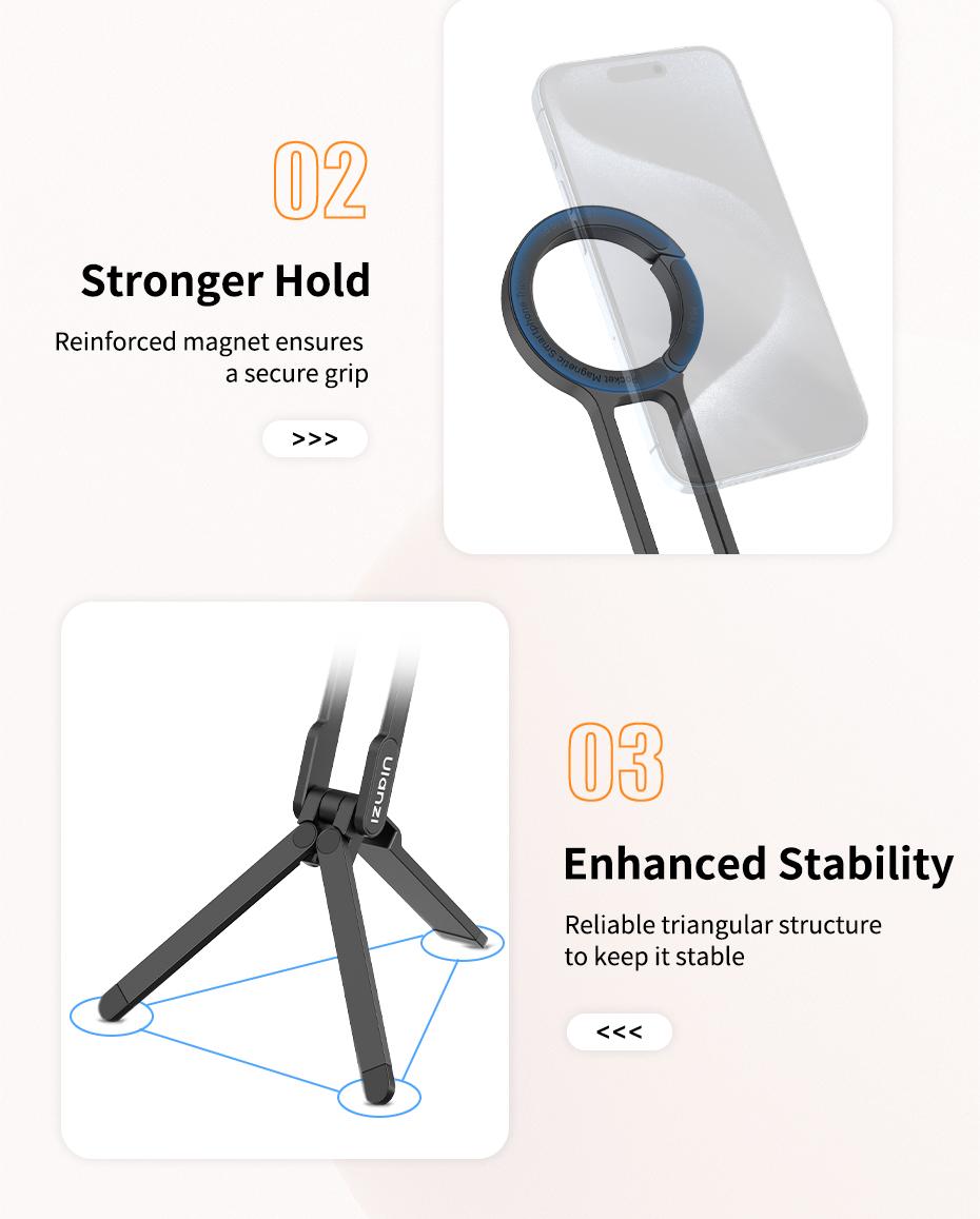 ULANZI MA30 Magnetic Phone Tripod Stand for iPhone - Aluminium Smartphone Mini Tripod Foldable Pocket Cell Phone Stand Dual-Sided Magnet Quick Mount Compatible with iPhone 16 15 14 13 12 Magsafe