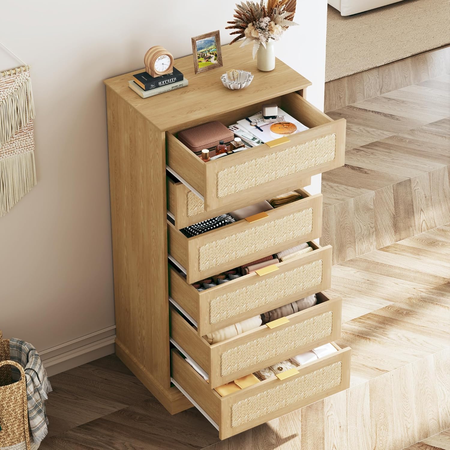 6-Drawer Tall Dresser with Woven Rattan Front – Boho Style Wood Chest of Drawers for Bedroom, Natural Finish Storage Organizer Cabinet