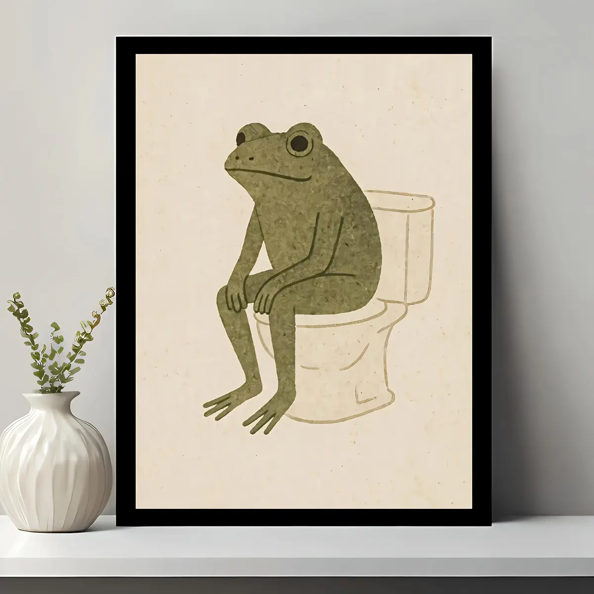 1pc Minimalist Frameless Retro Cartoon Animal Printed Art Poster - Frog Toilet Canvas Painting, Waterproof Ink Wall Decoration, Reusable Birthday Gift for Home Bathrooms