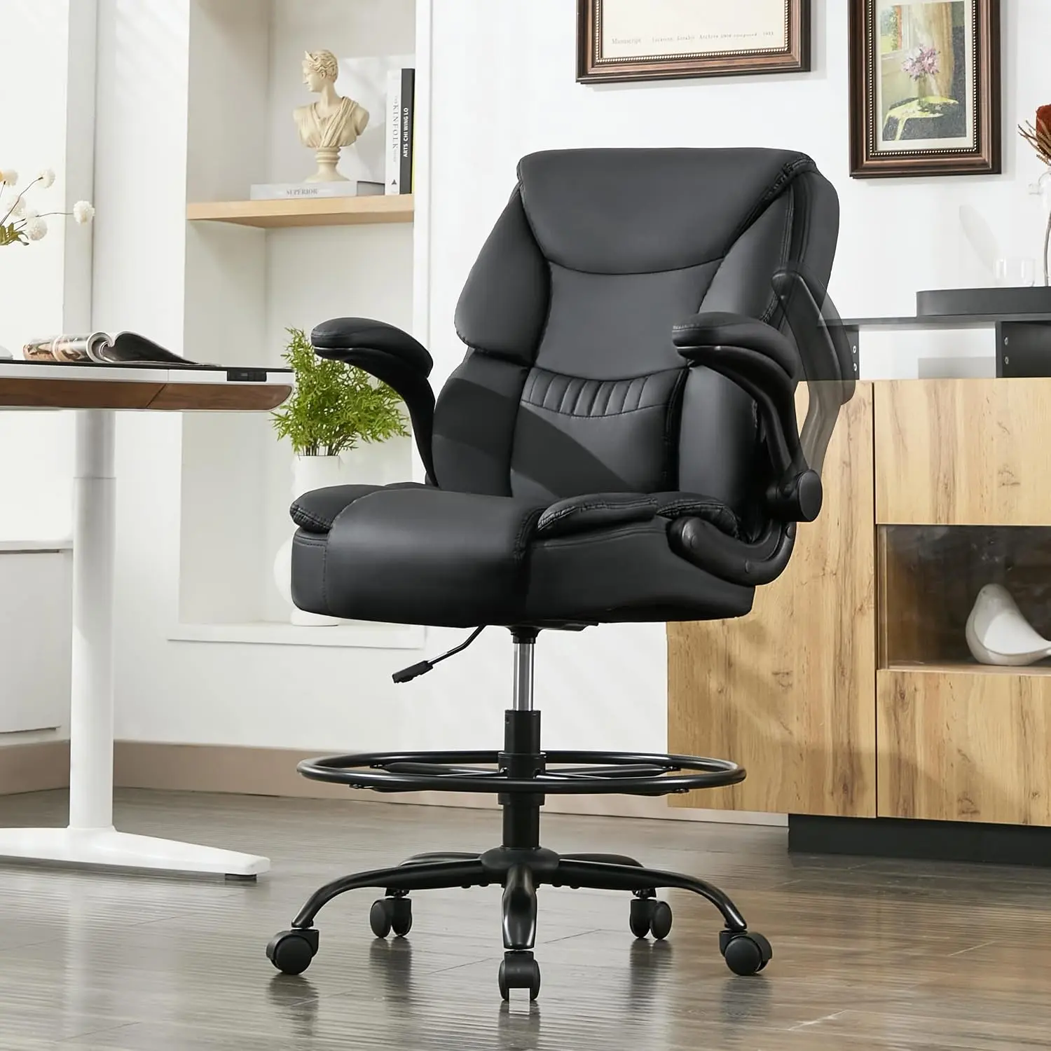 BLISNEST 500LBS Ergonomic High Back Executive Tall Drafting Chair - for Standing Desks & Desk Use, Flip-up Armrests, Adjustable Height, Foot Ring, Upholstered PU Leather Seat, Chair For Desk