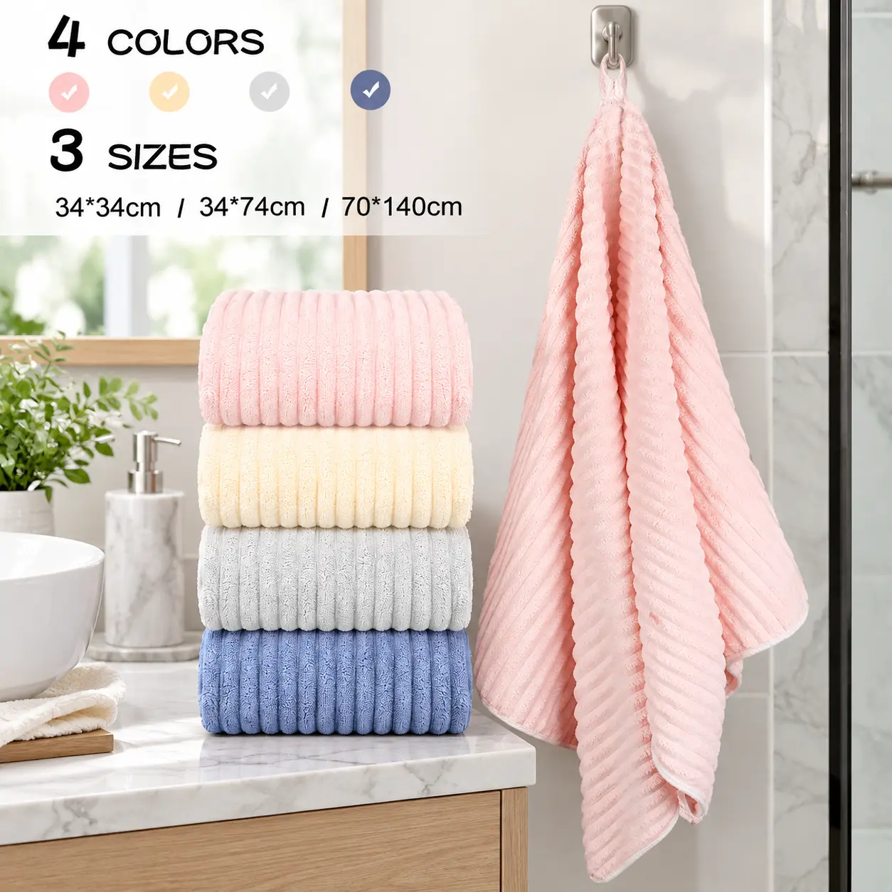 3-Piece Soft Bath Towel Set-70x140cm Bath Towel + 34x74cm Face Towel + 34x34cm Washcloth, Absorbent Quick Dry Towels for Bathroom, Spa, Gym & Travel Great Household Essentials