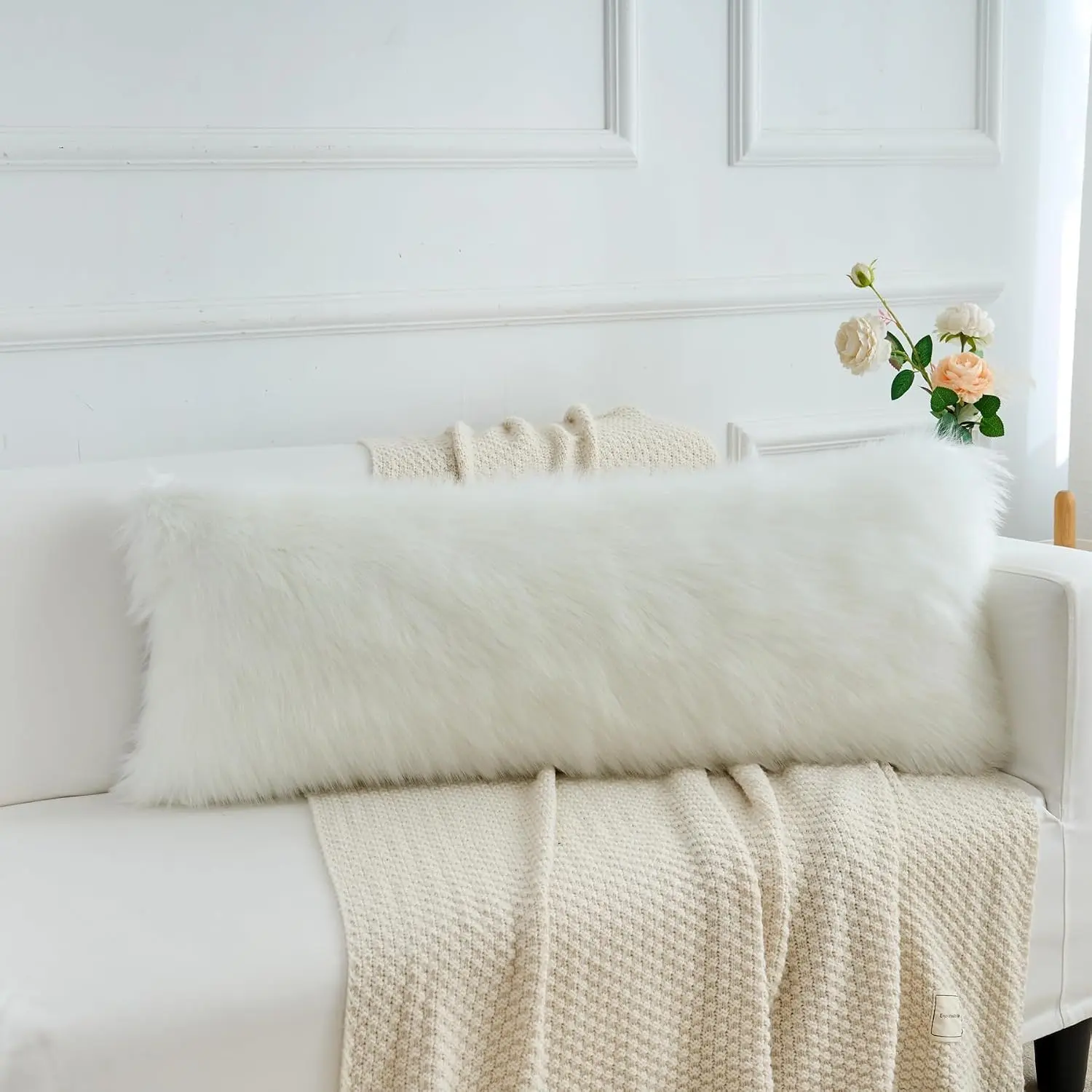 Long Lumbar Pillow Cover 14x36inch Decorative White Faux Fur Throw Pillow Cover Rectangle Plush Pillow Case Cushion Cover for Couch Sofa Bed(Cover Only, No Inset) Pack of 1