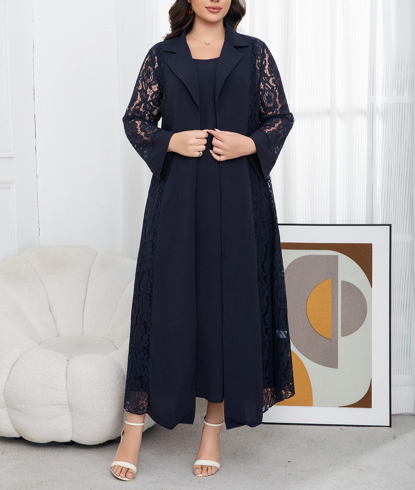 Plus Size Women's Navy Lace Two-Piece Set, Elegant Long Cardigan and Tank Dress, Slimming, Stylish and Chic, Perfect for Office and Dates
