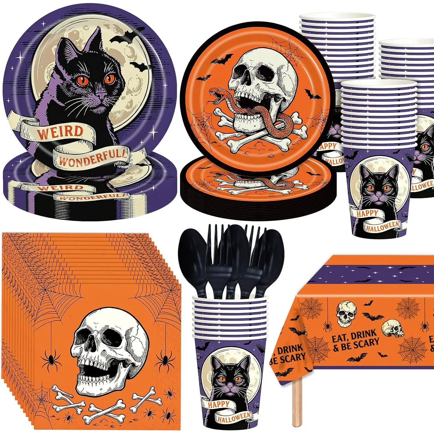 145 Pcs Spooky Halloween Party Tableware Set – Black Cat Skull Disposable Plates, Cups, Napkins and Tablecloth for Gothic Trick or Treat, Haunted House Halloween Party Supplies for 24 Guests