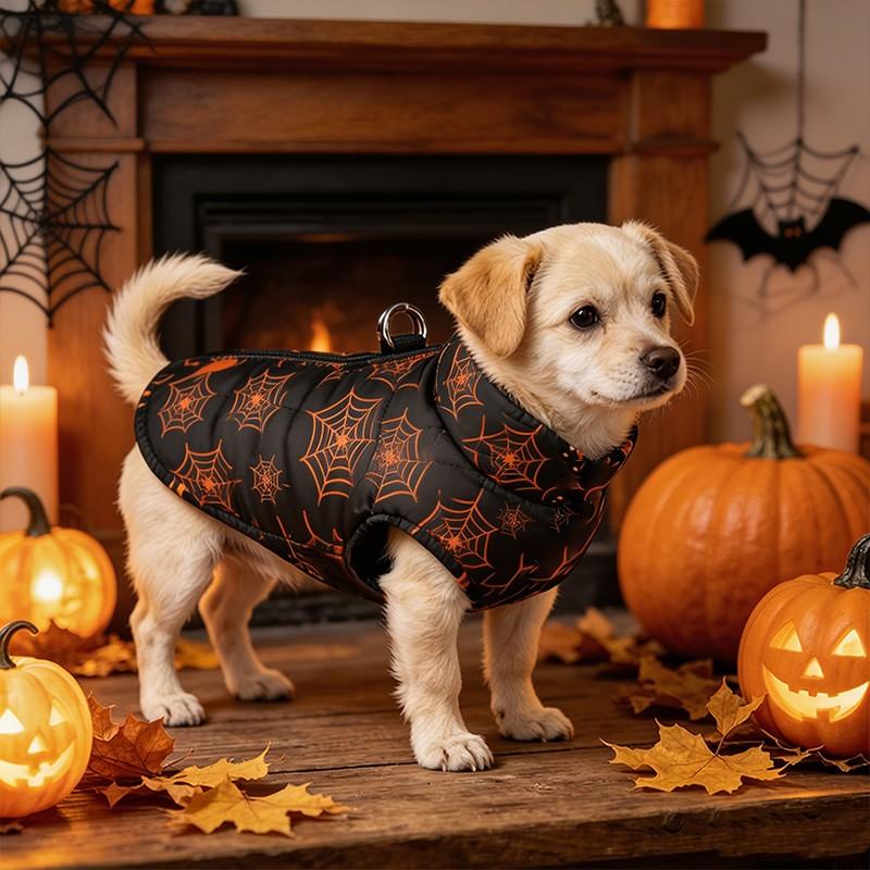 Autumn Winter Pet Halloween Cotton Vest, Pumpkin Paw Print Spider Web Waterproof Jacket, Zipper Comfortable Dog Coat, Dachshund Clothes