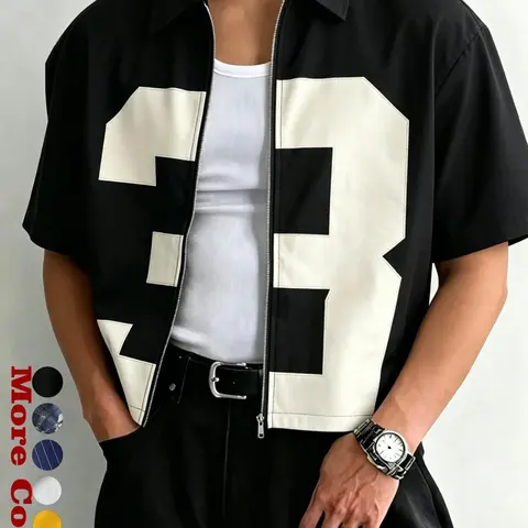 Short Cropped Lapel Short Sleeve Zipper Casual Shirt, Clean Fit Streetwear, Loose Classic Collar, American Street Style, Y2K Mix, High Street Fashion