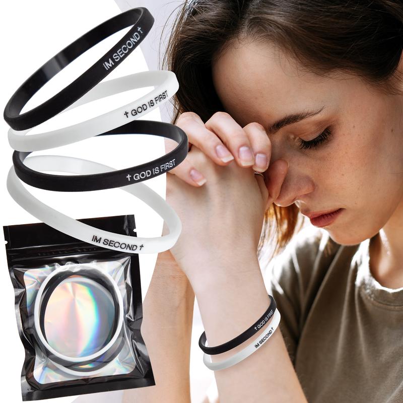 4 Pack GOD IS FIRST IM SECOND Bracelets - Interchangeable Black & White Christian Silicone Bands, Mix & Match Scripture Wristbands, and Uplifting Christian Gift Set for Men Women Teens