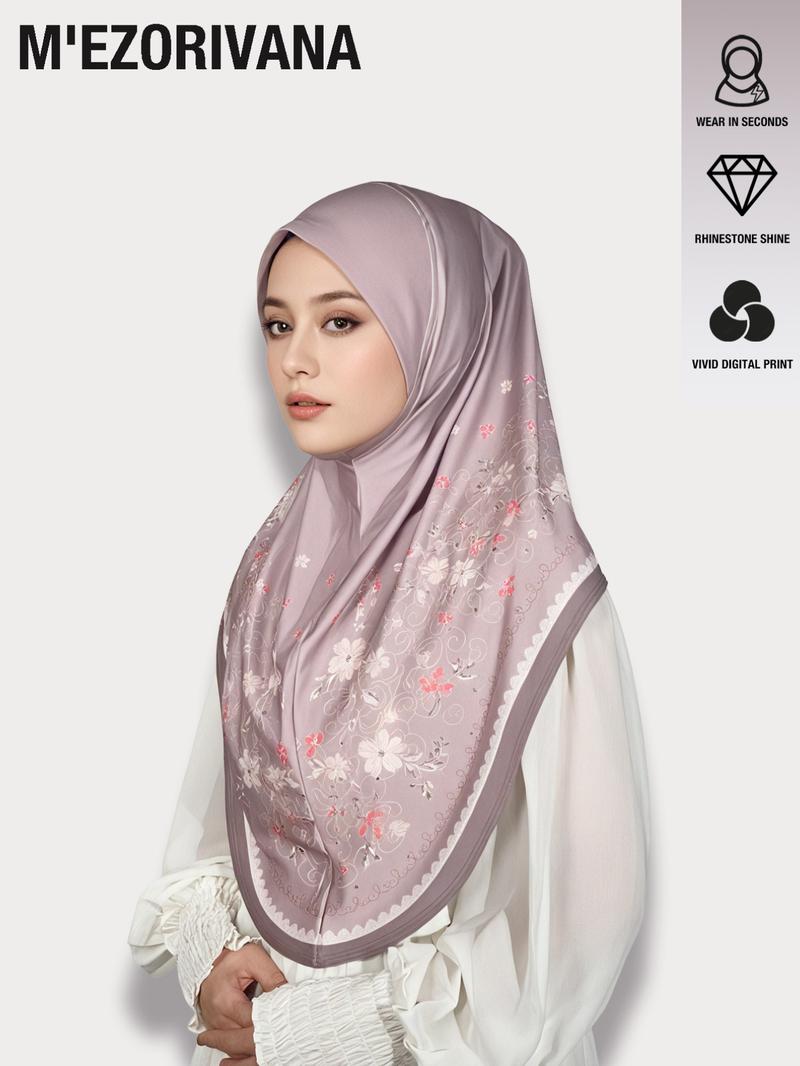 Muslim Headscarf Stretchy Hijab with Floral Print and Gemstone Accents, Multiple Colors Available, Chiffon Fabric, Comfortable Hat Brim, Ideal for Ramadan