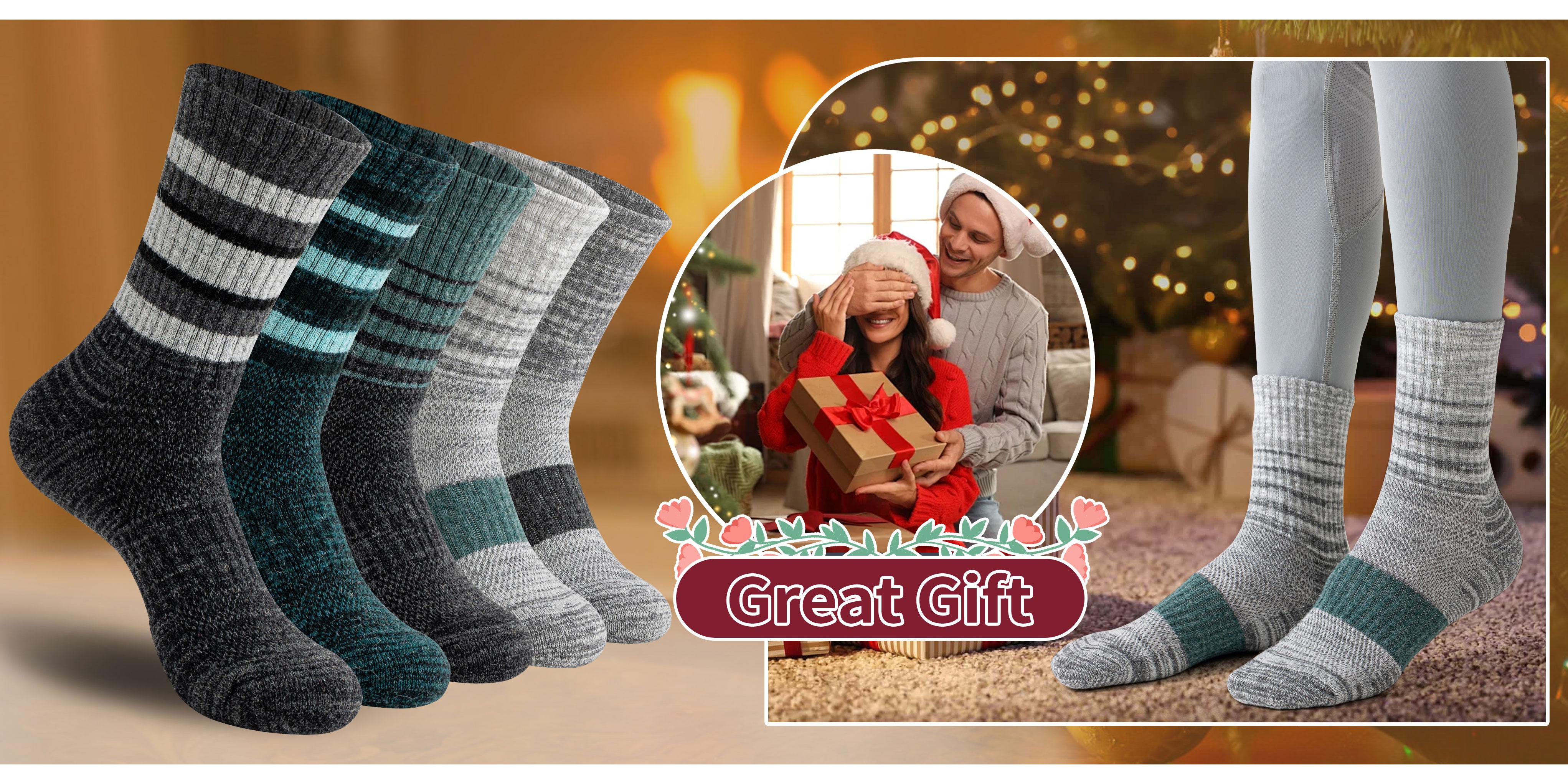 5 Pairs Merino Wool Hiking Socks For Women & Man Compression Support Sweat Absorbing Breathable Thick Cushion Work Socks Festival Gift Socks Striped Menswear