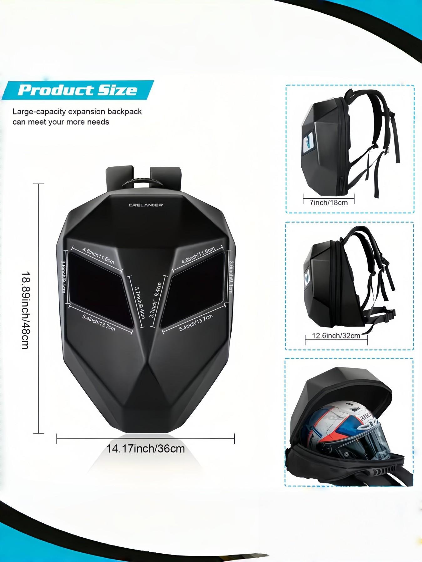 LED Motorcycle Backpack with Programmable Rider Eye and RGB Lighting, USB APP Control, Expandable Storage, Durable Design