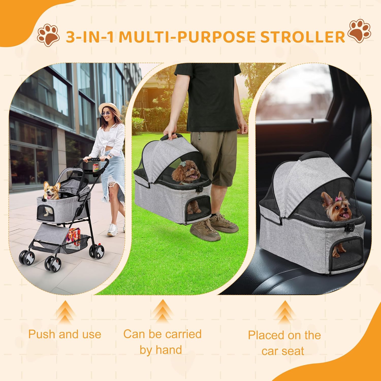 Pet Republic 4 Wheels 3-in-1 Foldable Pet Dog Stroller W/Detachable Carrier for Small Dog Cat W/Storage Basket & Cup Holder, Gray