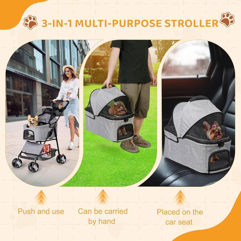 Pet Republic 4 Wheels 3-in-1 Foldable Pet Dog Stroller W/Detachable Carrier for Small Dog Cat W/Storage Basket & Cup Holder, Gray