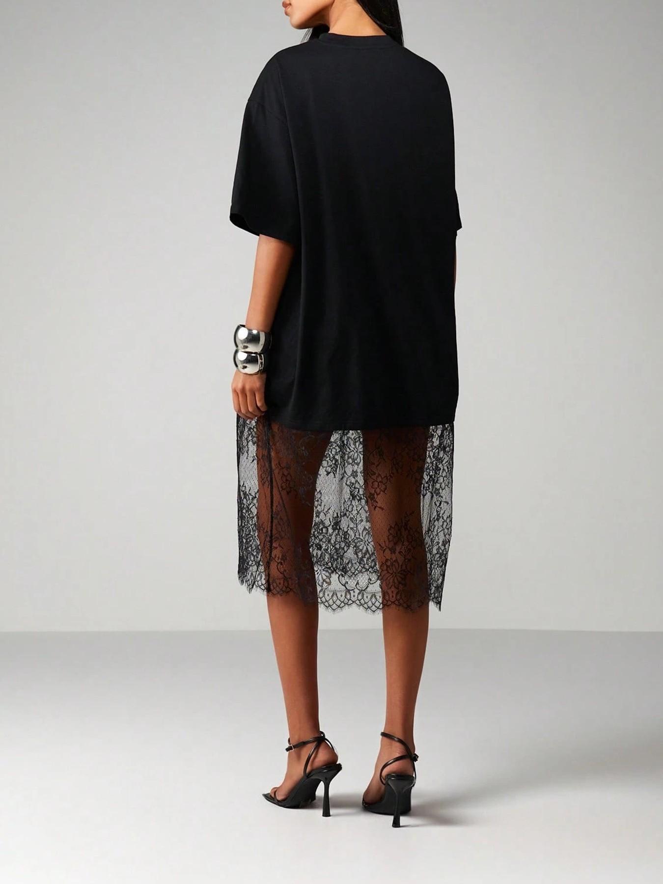 Women's Two-Layer T-Shirt Dress, Womenswear, Crew Neck, Oversized Short Sleeve Knitted Outer, Patchwork, Sheer Floral Lace Midi Underlayer, Soft Breathable Fabric, Casual Daily, Date Night & Party Wear, Edgy Dark Feminine Style
