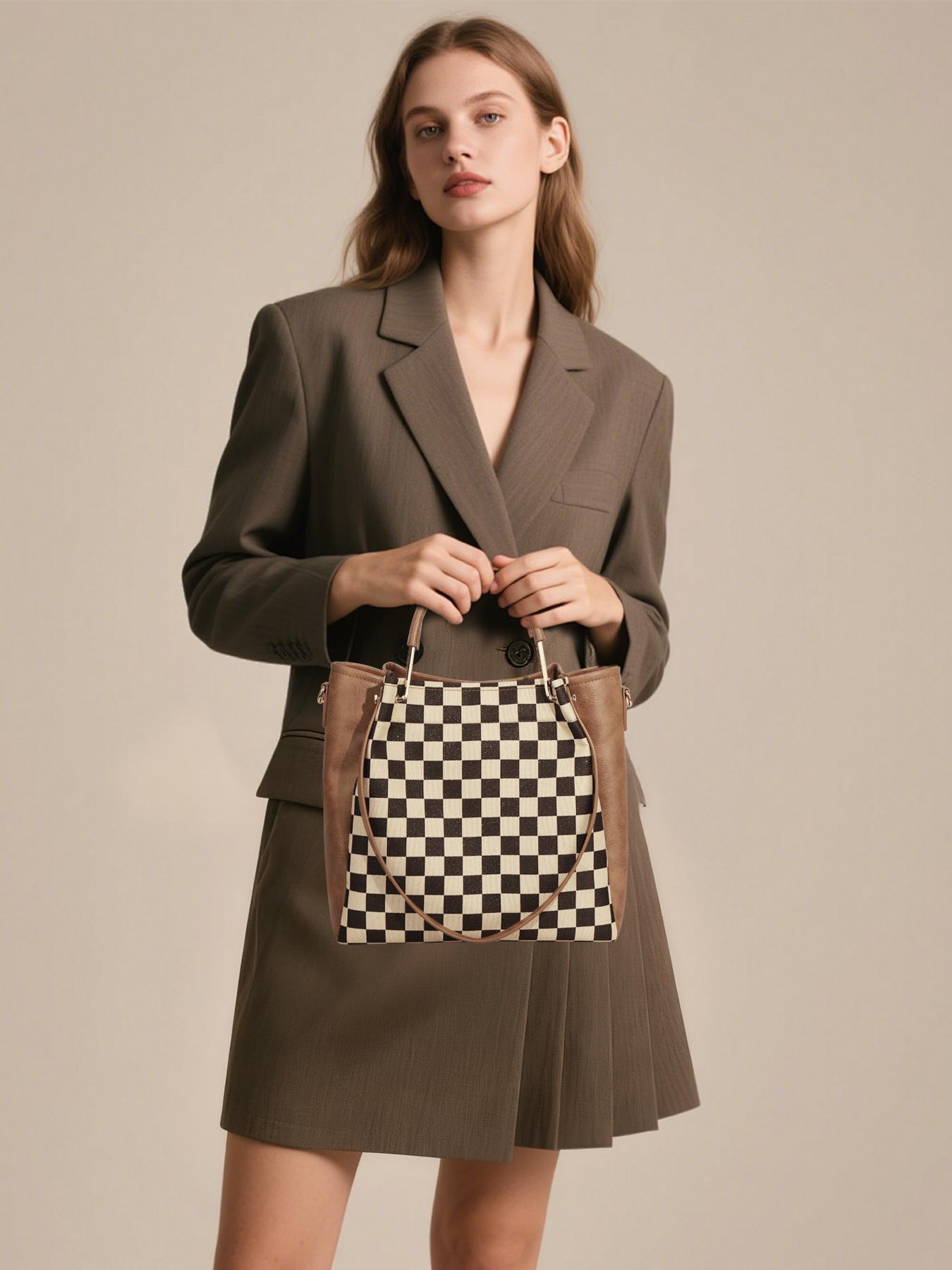 Women's Fashionable Checkered Handbag Set, Including Large Capacity Handbag & Crossbody Bag, Trendy Versatile Daily Commuting Bag Set