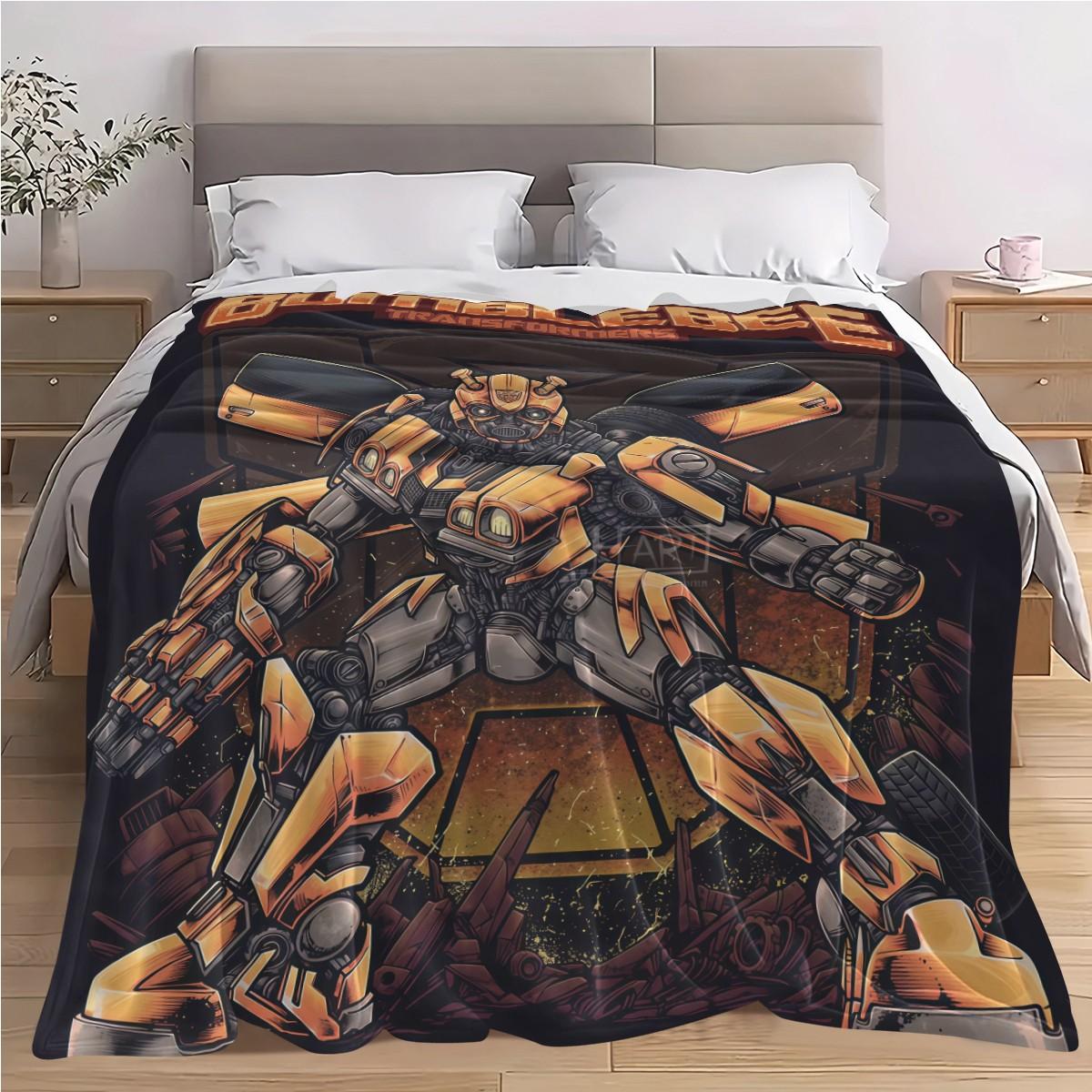 Vintage Transformers Flannel Blanket, Bumblebee Full Print, Thick Comfortable Sofa Cover, Festival Gift, Multi-Purpose Throw Blanket