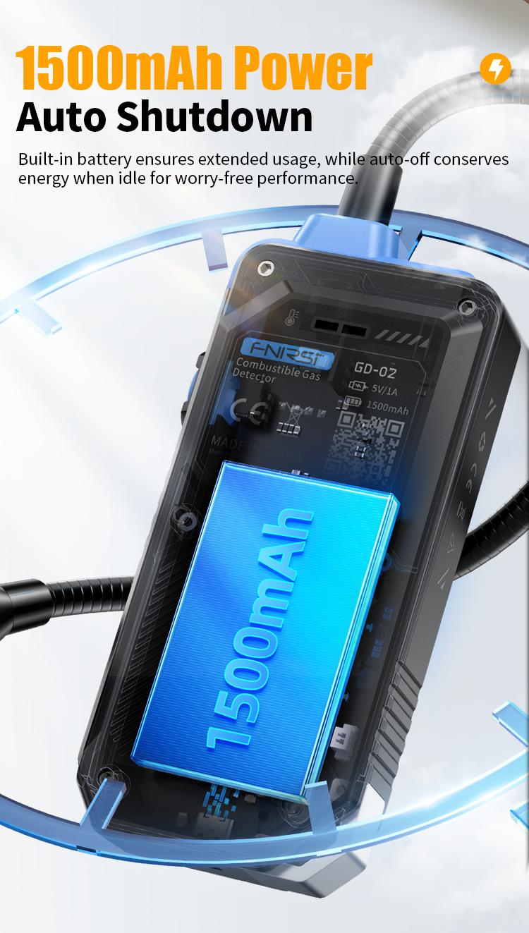 FNIRSI GD-02 Portable Gas Leak Detector 50000PPM Color Screen Display Methane LPG Detection with 36cm Probe 3 Alarms for Home Security System