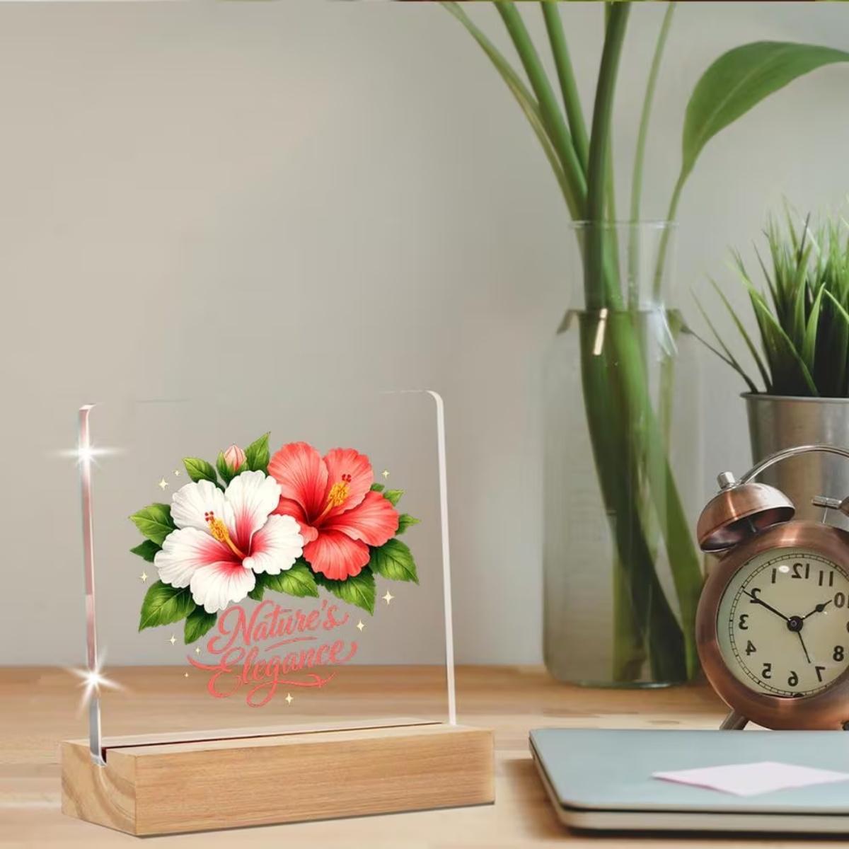 Centerpieces Hibiscus Flowers Acrylic Display Stand with Base, Realistic Botanical Design with Sparkle Accents & 'Nature's Elegance' Script Lettering, Clear Stable Decorative Stand for Home & Office Desk Decor, Ideal Gift for Floral & Nature