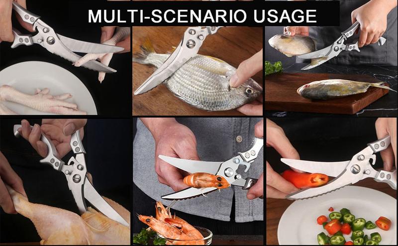 Professional Heavy Duty Poultry Shears, Full Steel Handle Multipurpose Kitchen Shears with Sheath, Spring-Loaded Stainless Steel Chef Scissors for Cutting Chicken, Bone, Meat, Fish & Food – Silver.