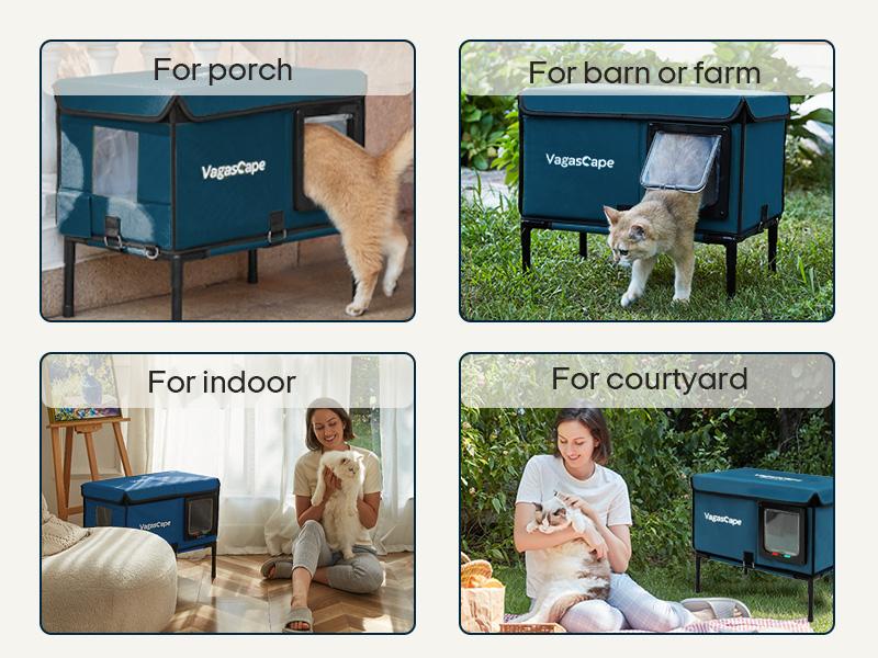 Vagascape Heated Outdoor Cat House, Heated Bowl, Thermostat & Overheat Protection with Auto Shutoff, Warms in ~3s & Energy-Saving – Waterproof, Insulated & Elevated, 12mm Fiberglass Frame, Escape Door & Window, UL-Tested Heating Core