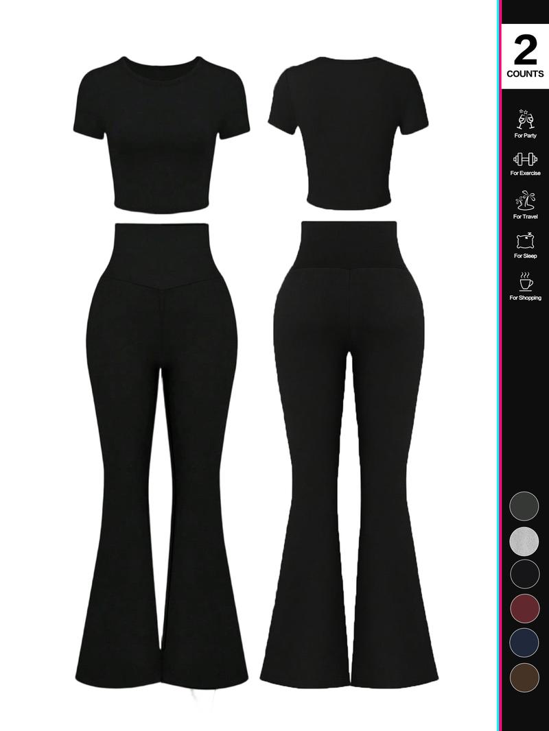 Women's Solid Loungewear Set, Casual Short Sleeve Crop Top & High Waist Flare Leg Pants, Ladies Sleepwear for All Seasons, Pajama Set
