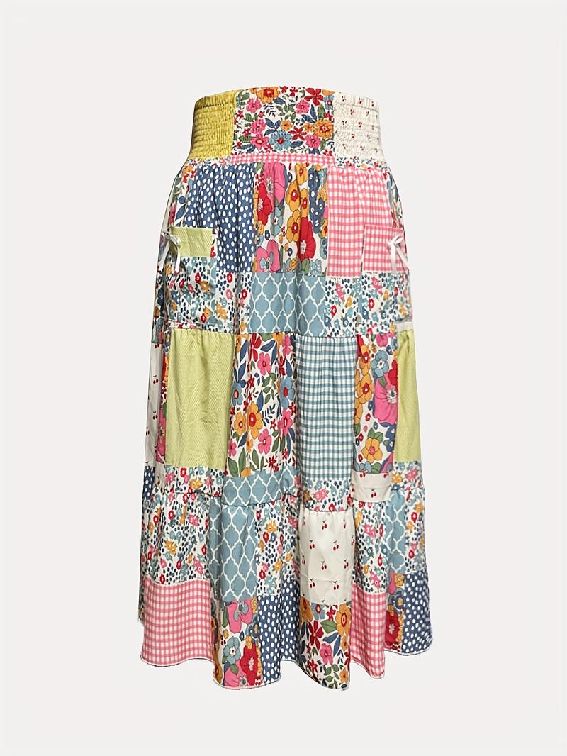 Plus Size Colorblock Print Pocket Skirt, Casual Waist Tie Long Half Skirt, Comfortable and Stylish Women's Fashion